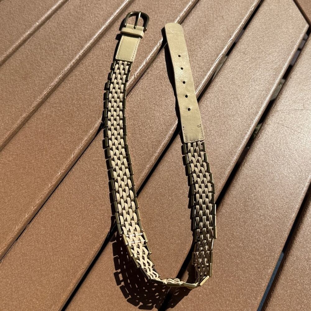 Cream Leather Chain Woven Belt Brass Accents Small